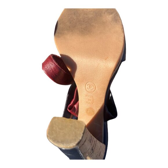 Chanel Shoes Blue Burgundy Cc Logo Cork Heel Leather Ankle Tie Size 6.5 - Picture 4 of 5